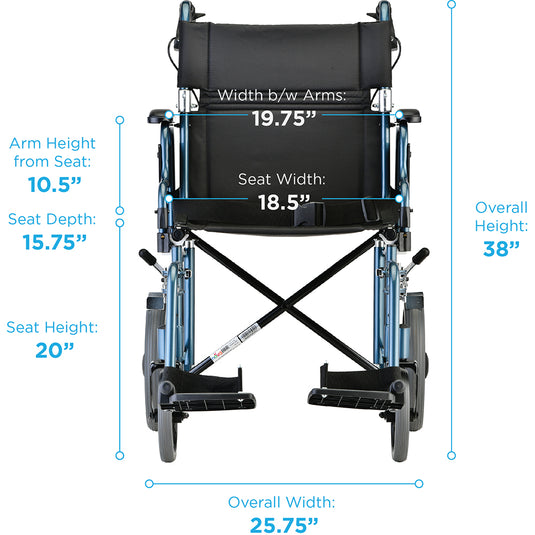 Nova 19in Lightweight Aluminum Transport Chair w/ 12in Rear Wheels